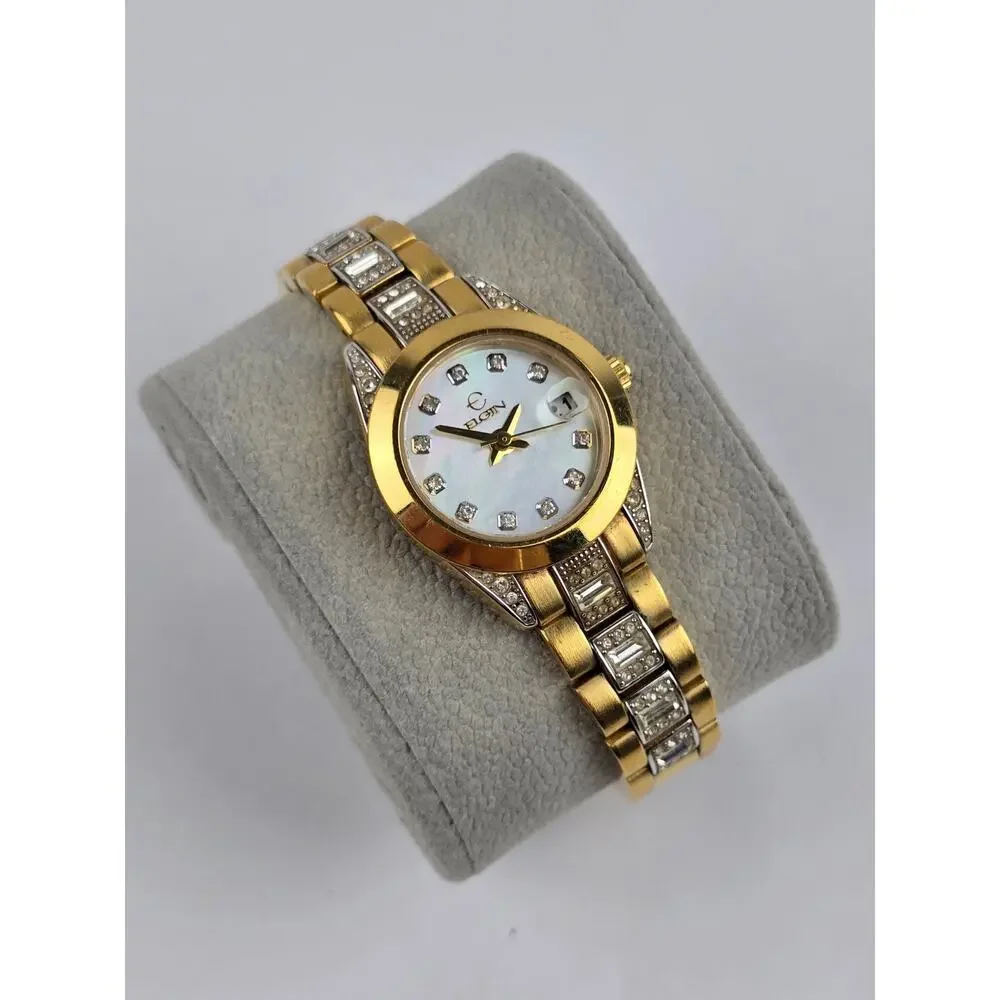 Elgin EG145 Women's Gold tone Mother Pearl Dial w/ Date & Crystals band -Running